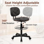 KLASIKA Leather Drafting Stool Chair with Ergonomic Backrest & Footrest, Padded Seat Adjustable Height 360° Swivel Rolling Stools, Tall Office Chair for Standing Desk, Shop, Drawing, Work, Black