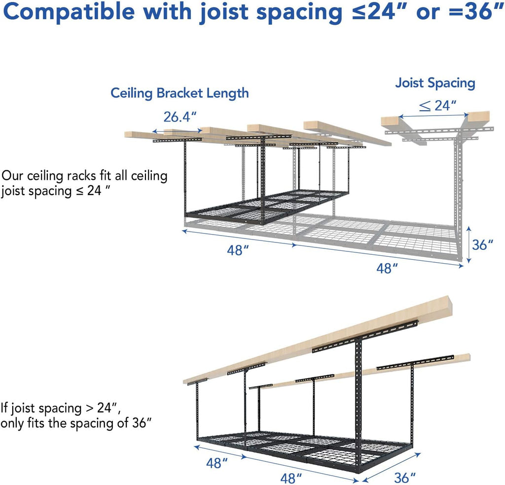 FLEXIMOUNTS 3x8 Overhead Garage Ceiling Storage Rack, Adjustable Garage Organization System, Heavy Duty Metal, 750lbs Weight Capacity, Hammertone, Classic Series