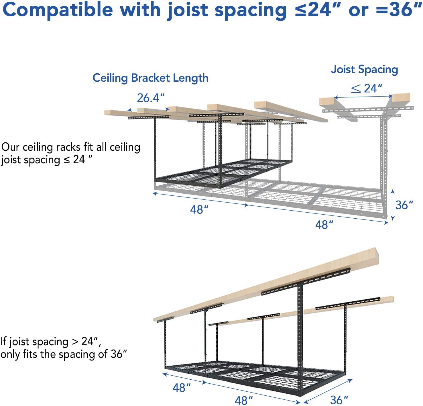 FLEXIMOUNTS 3x8 Overhead Garage Ceiling Storage Rack, Adjustable Garage Organization System, Heavy Duty Metal, 750lbs Weight Capacity, Hammertone, Classic Series