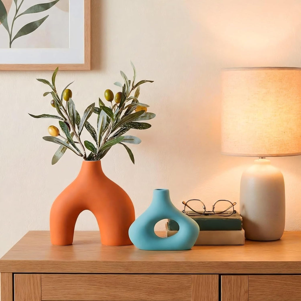 Patelai Set of 2 Mid Century Modern Decor Ceramic Donut Vases, Nordic Boho Round Matte Finish Decor for Home Dining Room Living Room Office Bedroom Shelf(Orange Blue)