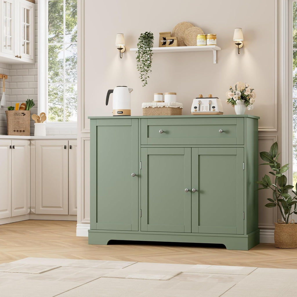 HOSTACK Buffet Cabinet with Storage, Modern Sideboard Buffet with Doors, Wood Coffee Bar Kitchen Storage Cabinet with Drawer and Adjustable Shelf for Kitchen, Dining Room, Living Room, Green