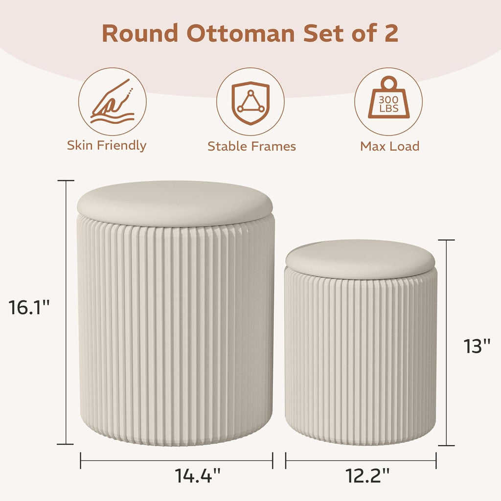 Round Ottoman with Storage Set of 2, Breathable Cotton & 300LBS Engineered Wood Frame, Nesting Side Table with Blanket Storage, No Assembly Cozy Vanity Stools for Living Room, Beige