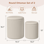 Round Ottoman with Storage Set of 2, Breathable Cotton & 300LBS Engineered Wood Frame, Nesting Side Table with Blanket Storage, No Assembly Cozy Vanity Stools for Living Room, Beige