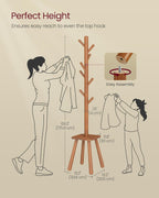 VASAGLE Coat Rack, Free Standing Coat Stand, Hall Coat Tree with 8 Hooks and Storage Shelf, 69.2 Inch Tall, for Coats, Hats, Bags, for Entryway, Hallway, Bedroom, Caramel Brown URCR033K01