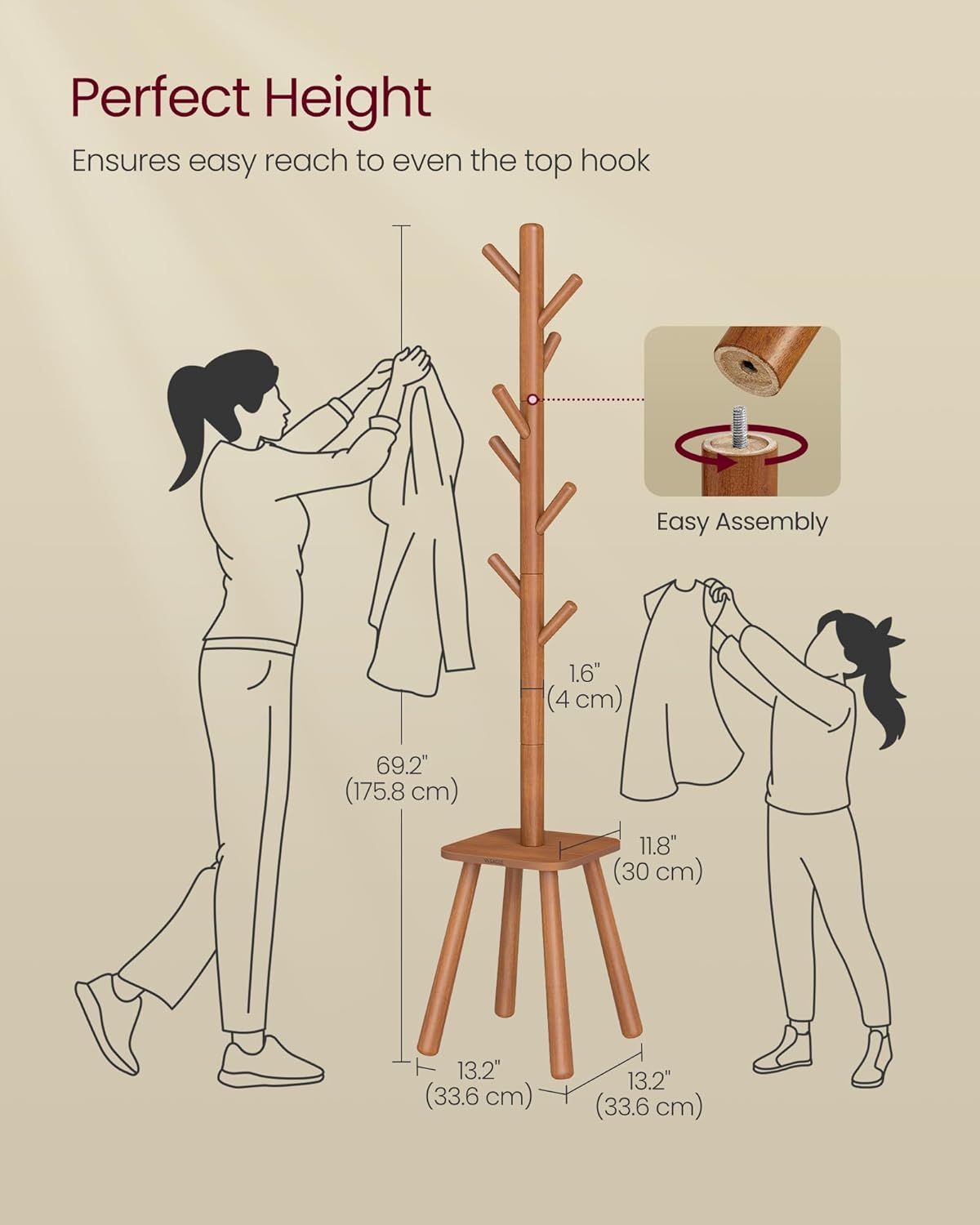 VASAGLE Coat Rack, Free Standing Coat Stand, Hall Coat Tree with 8 Hooks and Storage Shelf, 69.2 Inch Tall, for Coats, Hats, Bags, for Entryway, Hallway, Bedroom, Caramel Brown URCR033K01