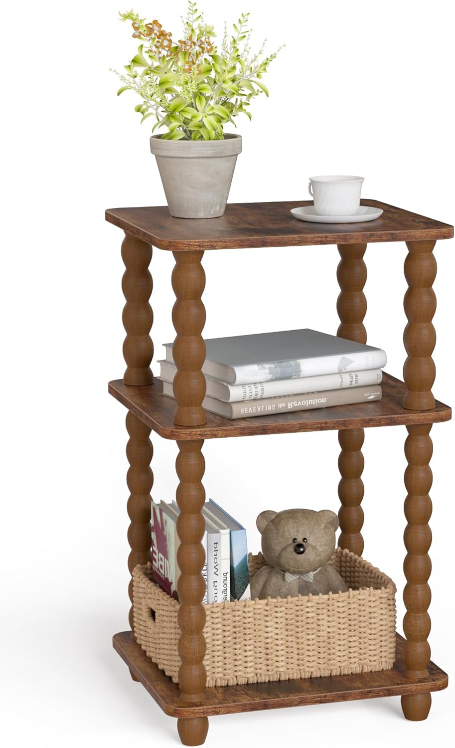 Tohiasen 3 Tier Side Table - Compact End Table with Solid Wood Legs, Small Nightstand with Open Shelves for Living Room Bedroom Office Nursery Small Spaces (Rustic Brown, Rectangular)