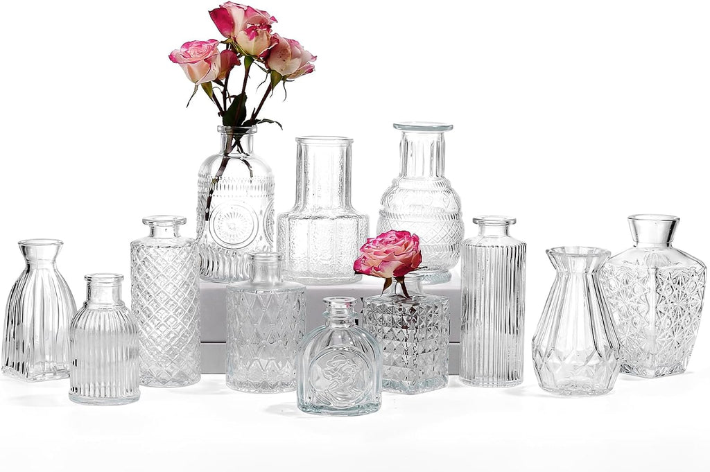 12 Pcs Glass Bud Vase Set, Small Glass Vases for Flowers, Mini Clear Bud Vases for Centerpieces, Wedding, Home, Office and Table Decoration, Clear