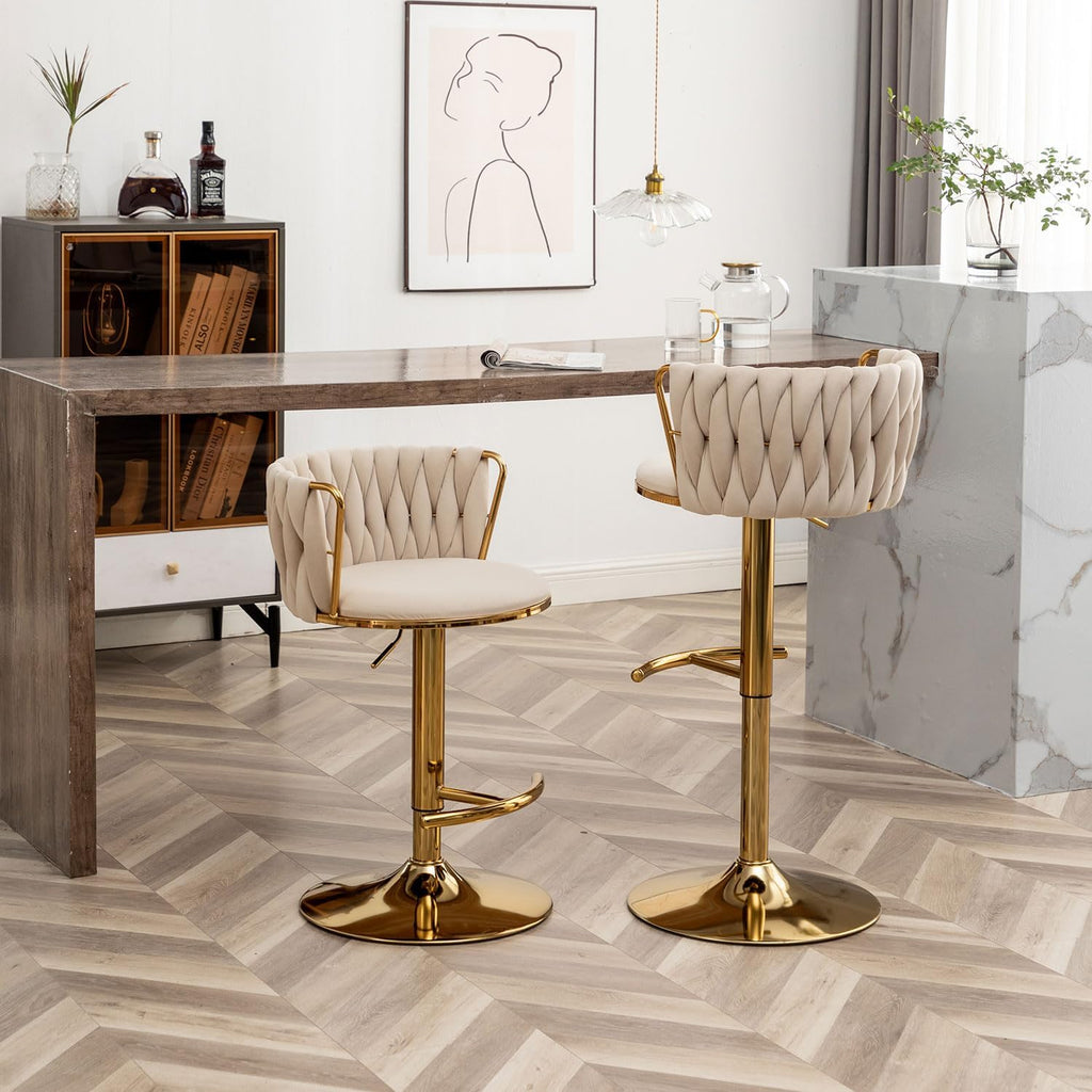 Riknuxi Velvet Bar Stools Set of 3, Counter Height Bar Chairs with Low Back, Gold Swivel Bar Stools for Kitchen Island, Pub (Beige)