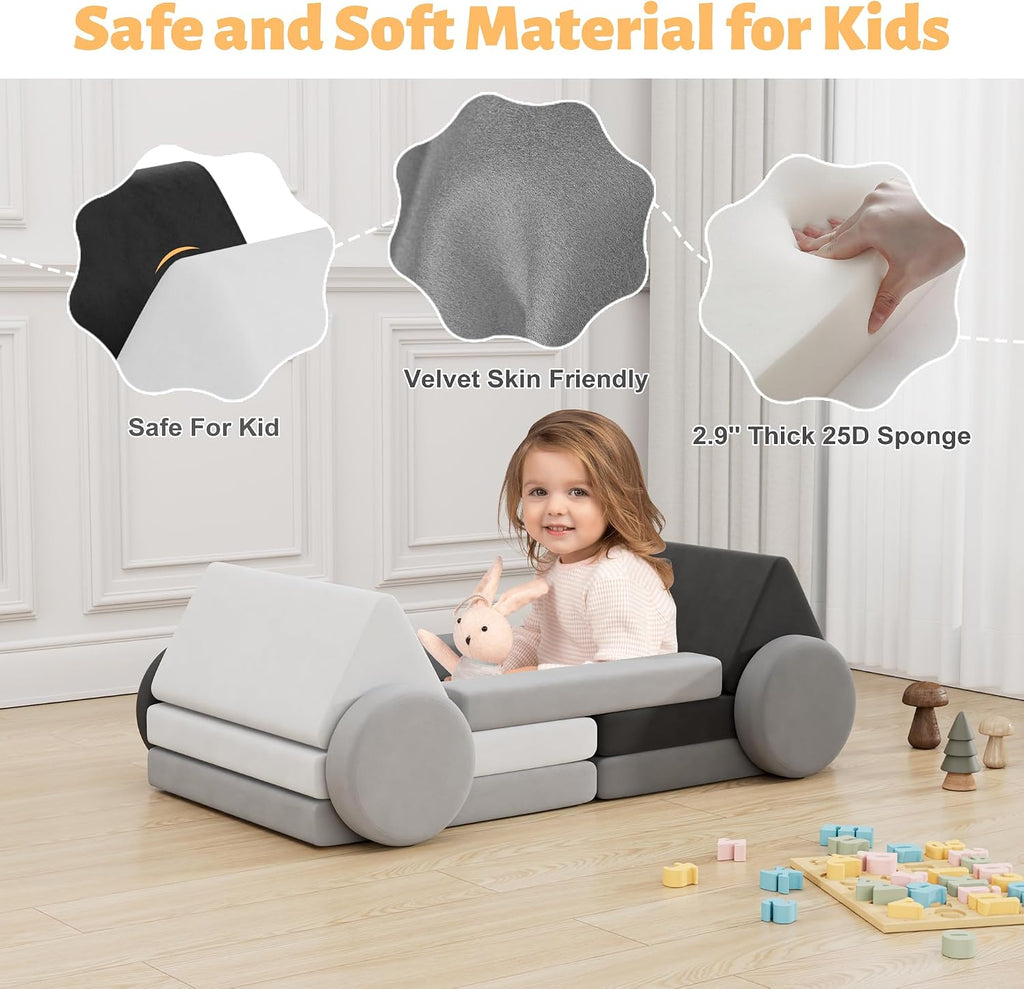 HedoAjim 12 PCS Modular Kids Play Block Couch Sofa Soft Child Toddler Building Fortplay Climbing Bedroom Playroom Baby Convertible Floor Foam Cushion for Boys & Girls (Tonal Gray)