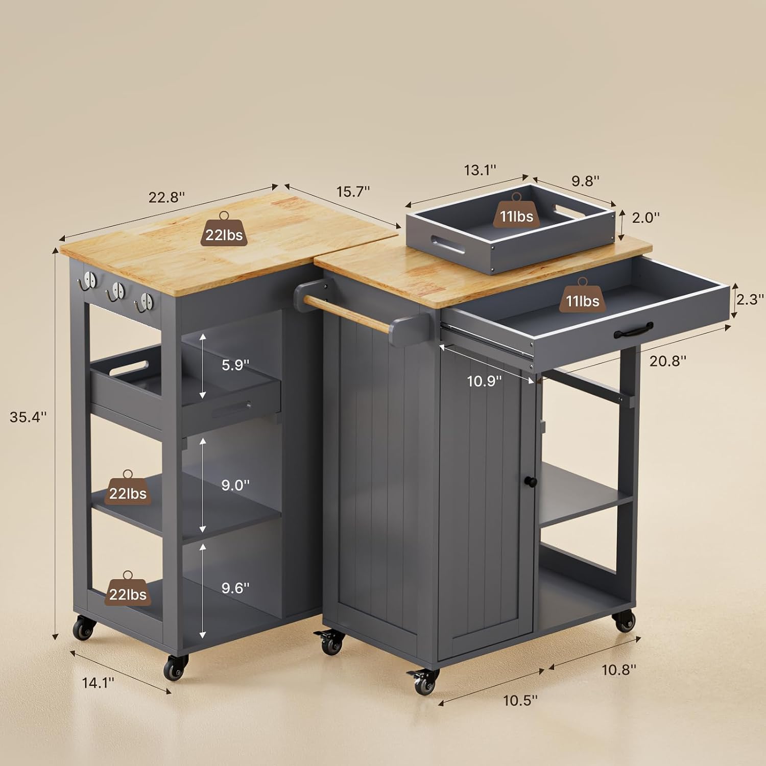 Gizoon Kitchen Cart, Rolling Kitchen Island Cart | Drawer, 22.8''W Countertop, Adjustable Shelve, Door, 4 Wheel, 3 Hook, Towel Rack, Multifunctional Storage Trolley, Grey