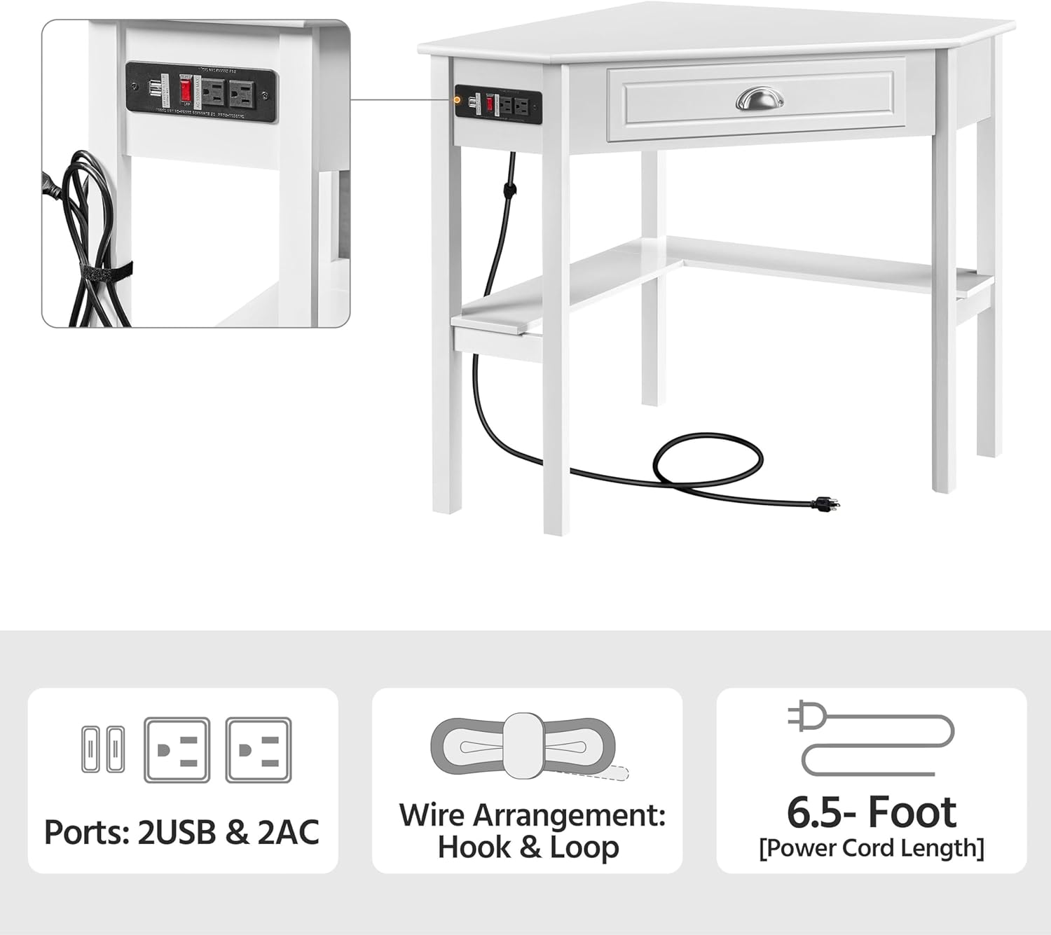 Yaheetech Home Office Furniture Set, L Shaped Computer Corner Desk with Outlets and USB Ports for Small Space, PU Leather Adjustable Chair Low Back Ribbed Armless Swivel White Desk Chair Set