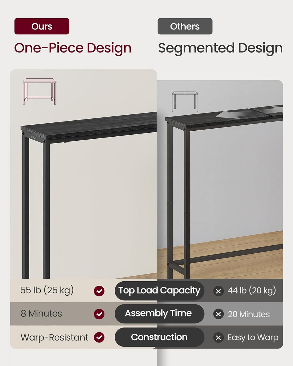 VASAGLE BARNET Collection - Console Table, Thin Narrow Entryway Doorway Table, One Piece Top, for Hallway Bedroom, Steel Frame, Modern, 1 Tier, Charcoal Gray and Ink Black ULNT035BA01S