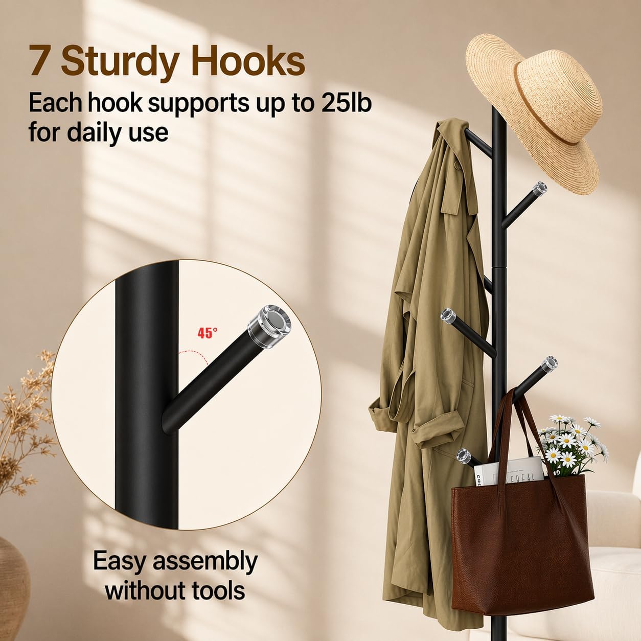 Coat Rack Freestanding with 7 Hooks Modern Hall Tree 3 Adjustable Height | Heavy Duty Metal Clothes Hook Stand with Base for Entryway Bedroom Office for Coats Hats Bags and Purses, Black