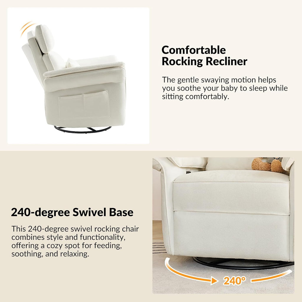 Modern Power Swivel Rocker Recliner Chair with USB Port and Storage Bags, Nursery Glider Recliner with Adjustable Headrest and Armrests, , GREENGARD, FSC, CertiPUR-US® Certified, White