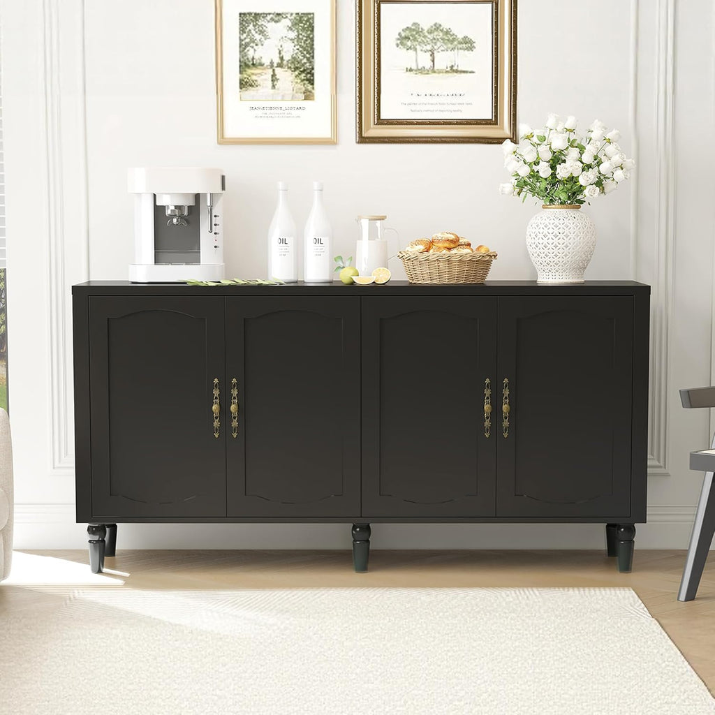 fineway 63" Sideboard Buffet Cabinet, Mid Century Modern Credenza Storage Cabinet with Adjustable Shelves & Carved Handles, Large Kitchen Buffet Table Coffee Bar for Dining Room & Living Room - Black