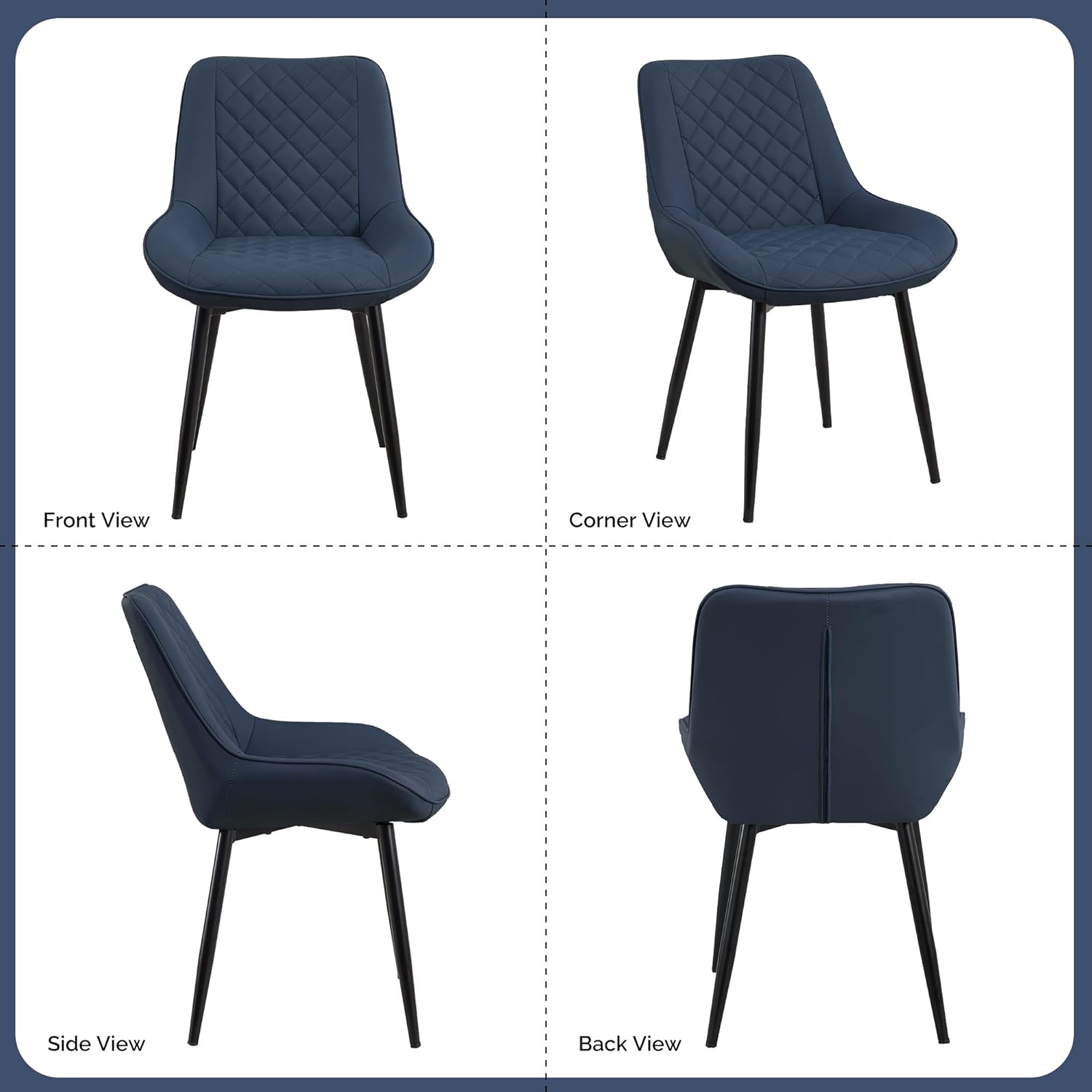 Dining Chair Set of 4, Modern Dining Chairs with Thick Cushions, Faux Leather Upholstered Kitchen Dining Room Chairs with Metal Adjustable Legs for Dining Living Room, Blue
