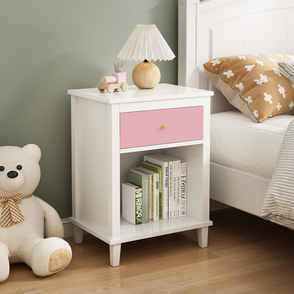 Kids Nightstand with One Drawer, Modern Nightstand, End Table for Boys and Girls, for Living Room, Bedroom (Pink)