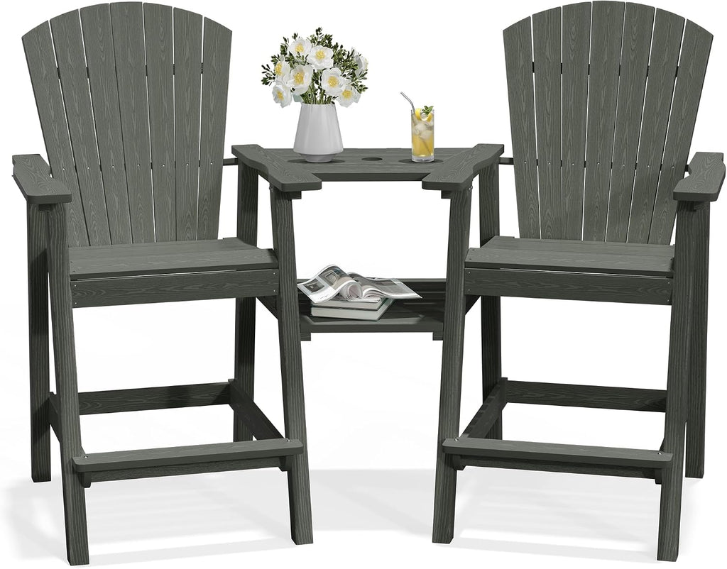 PLUUV Tall Adirondack Chairs Set of 2 with Double Connecting Trays, All Weather HDPE Bar Height Outdoor Chairs, Outdoor Adirondack Barstools with Umbrella Hole for Balcony, Patio, Backyard, Grey