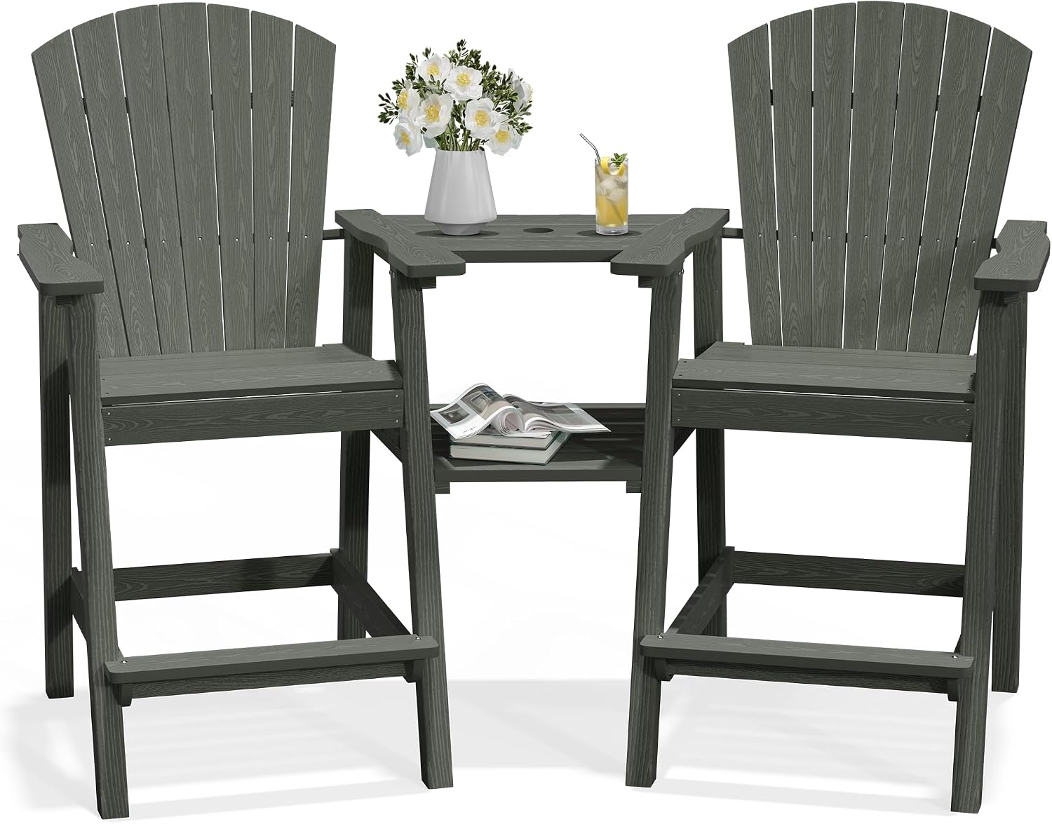 PLUUV Tall Adirondack Chairs Set of 2 with Double Connecting Trays, All Weather HDPE Bar Height Outdoor Chairs, Outdoor Adirondack Barstools with Umbrella Hole for Balcony, Patio, Backyard, Grey
