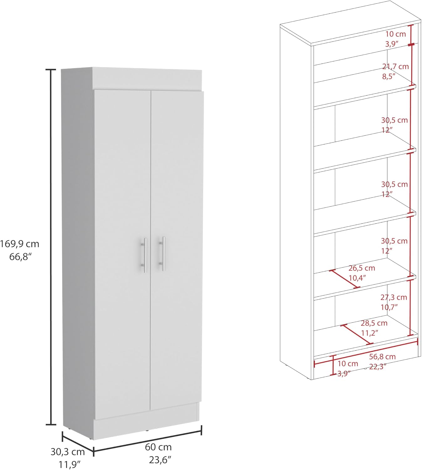 23.6" D*11.9" W*66.8" H Corner Kitchen Pantry with 4 Shelves, Double Door, Rectangular Storage Cabinet, Modern Minimalist, for Living Room, Dining Room, White