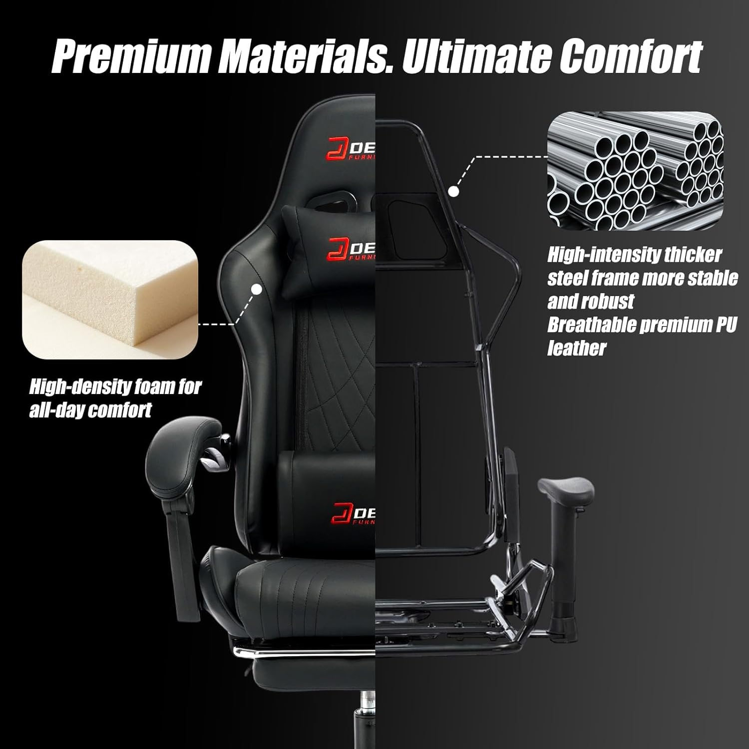 Gaming Chair with Footrest, Ergonomic Game Chair with Lumbar Support and Linkage Armrest, Reclining Computer Chair Height Adjustable for Home Office Father's Day(1001-Black)