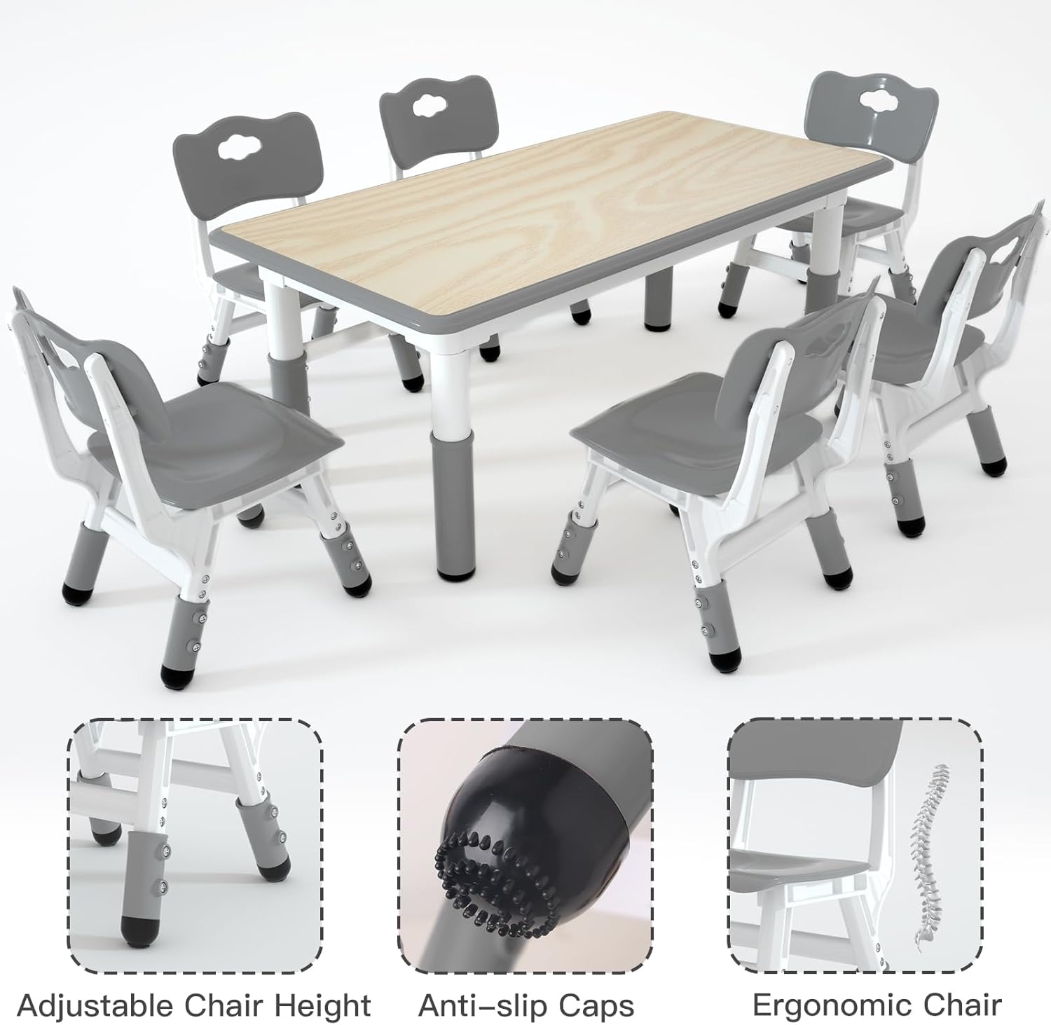 LulliSpace Kids Table and 6 Chairs Set，Height Adjustable Children Table & Chair，Toddlers Study Multi-Activity Table with 47.2"x23.6" Wipe-Clean Desktop，for Classrooms, Homes & Daycares
