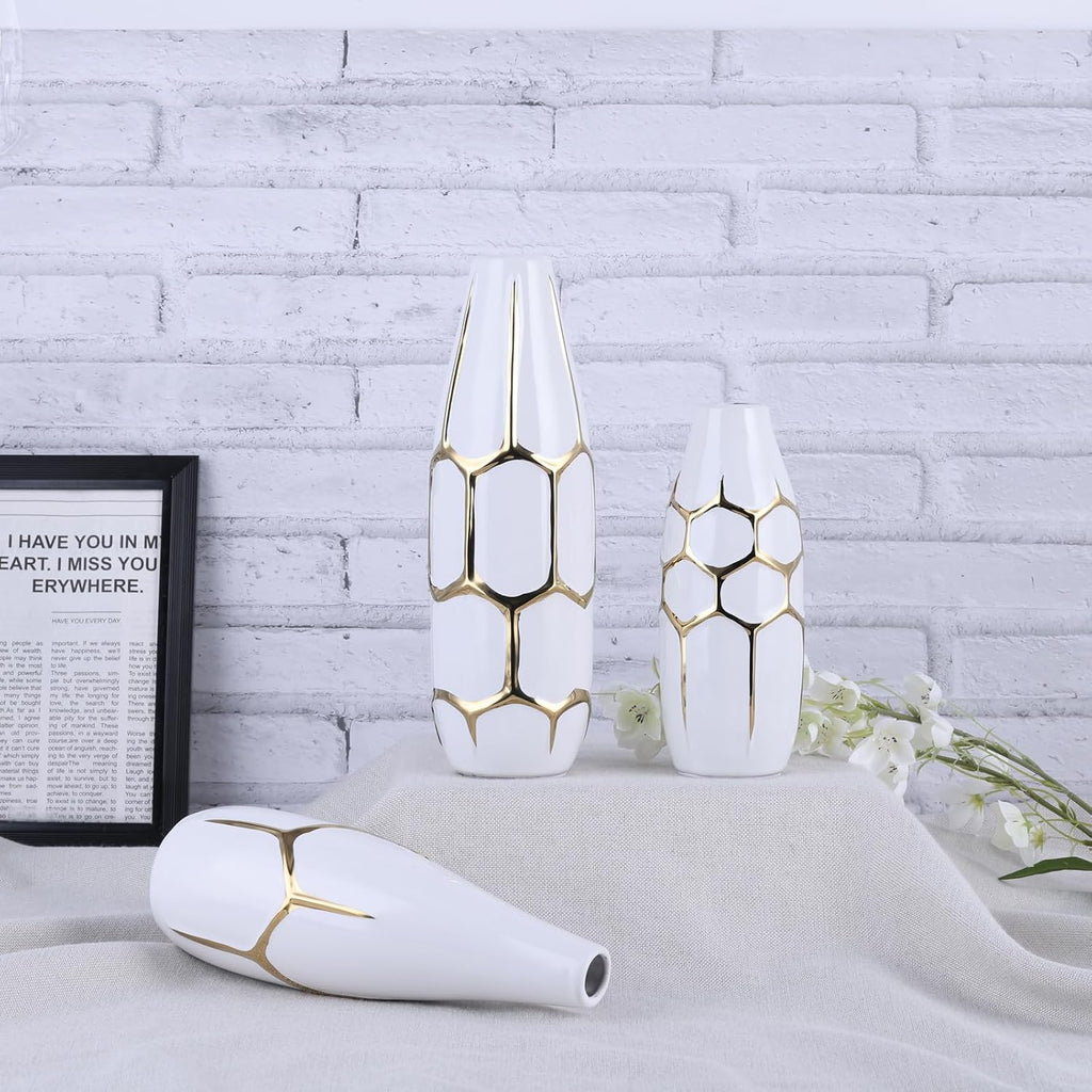Ceramic Geometric Decorative Vase Set of 3, White and Gold Vases, Modern Home Decor Vases, Suitable for Living Room, Kitchen, Bedroom, Bathroom, Entryway Mantel, and TV Console Decor.