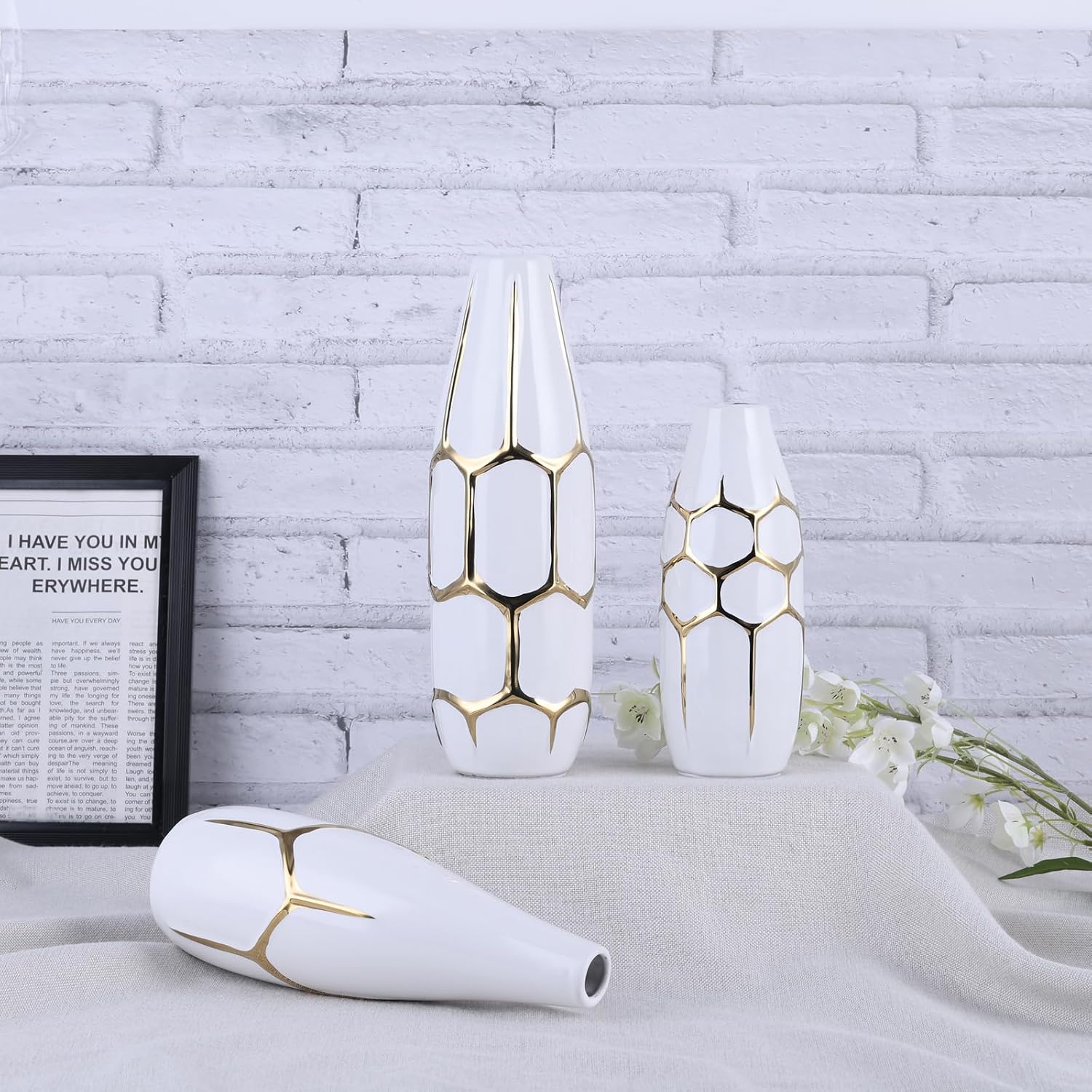 Ceramic Geometric Decorative Vase Set of 3, White and Gold Vases, Modern Home Decor Vases, Suitable for Living Room, Kitchen, Bedroom, Bathroom, Entryway Mantel, and TV Console Decor.