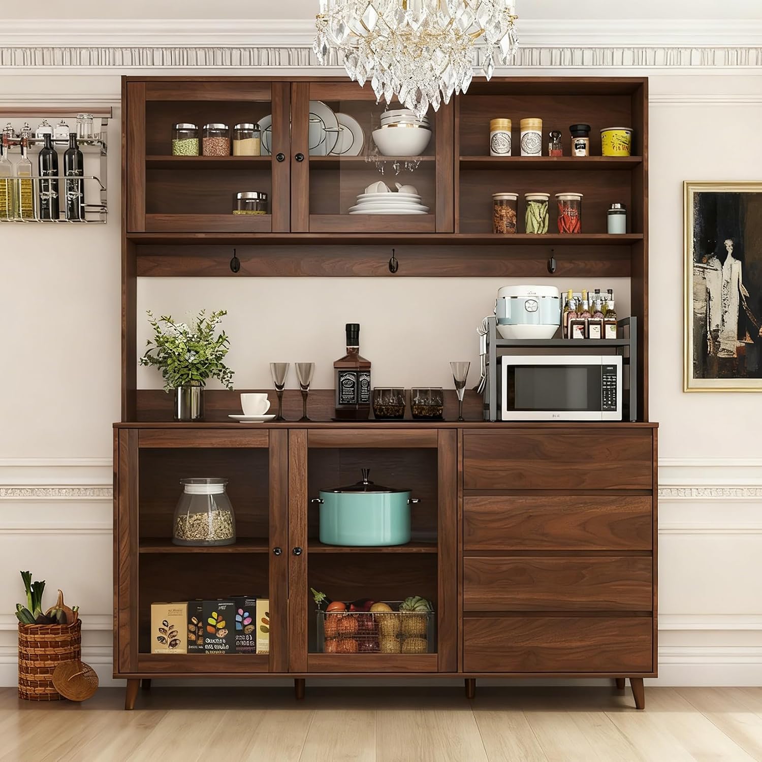 74.8" Tall Farmhouse Pantry Storage Cabinet, Large Kitchen Hutch Cabinet with Microwave Shelf, Farmhouse Kitchen Pantries Cupboard with 4 Doors, 4 Drawers for Living Room, Kitchen Dining Room, Walnut