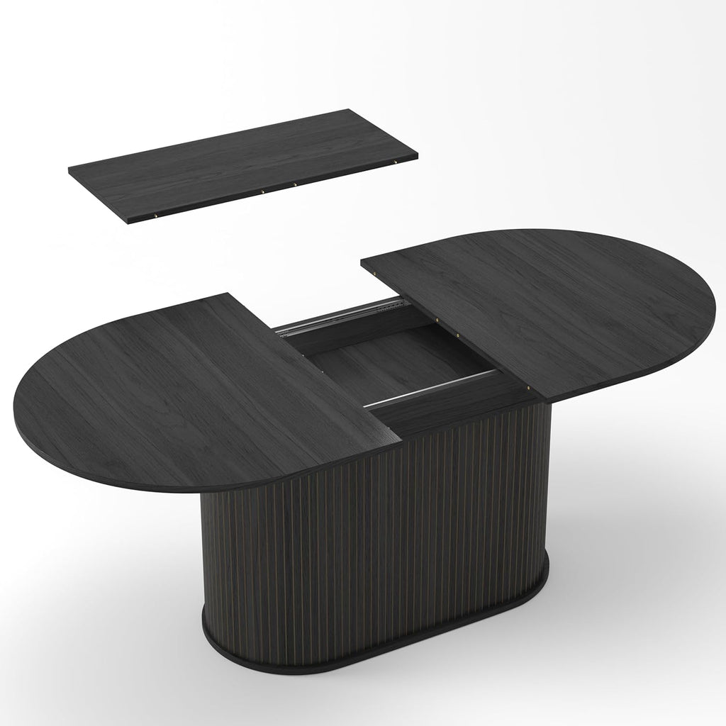 WILLIAMSPACE 70.86" Oval Extendable Dining Table with Striped Legs for 6 to 8, Modern Wooden Kitchen Table with Extension Leaves, Mid Century Dining Room Table, Easy Assemble (55.11"-70.86", Black)