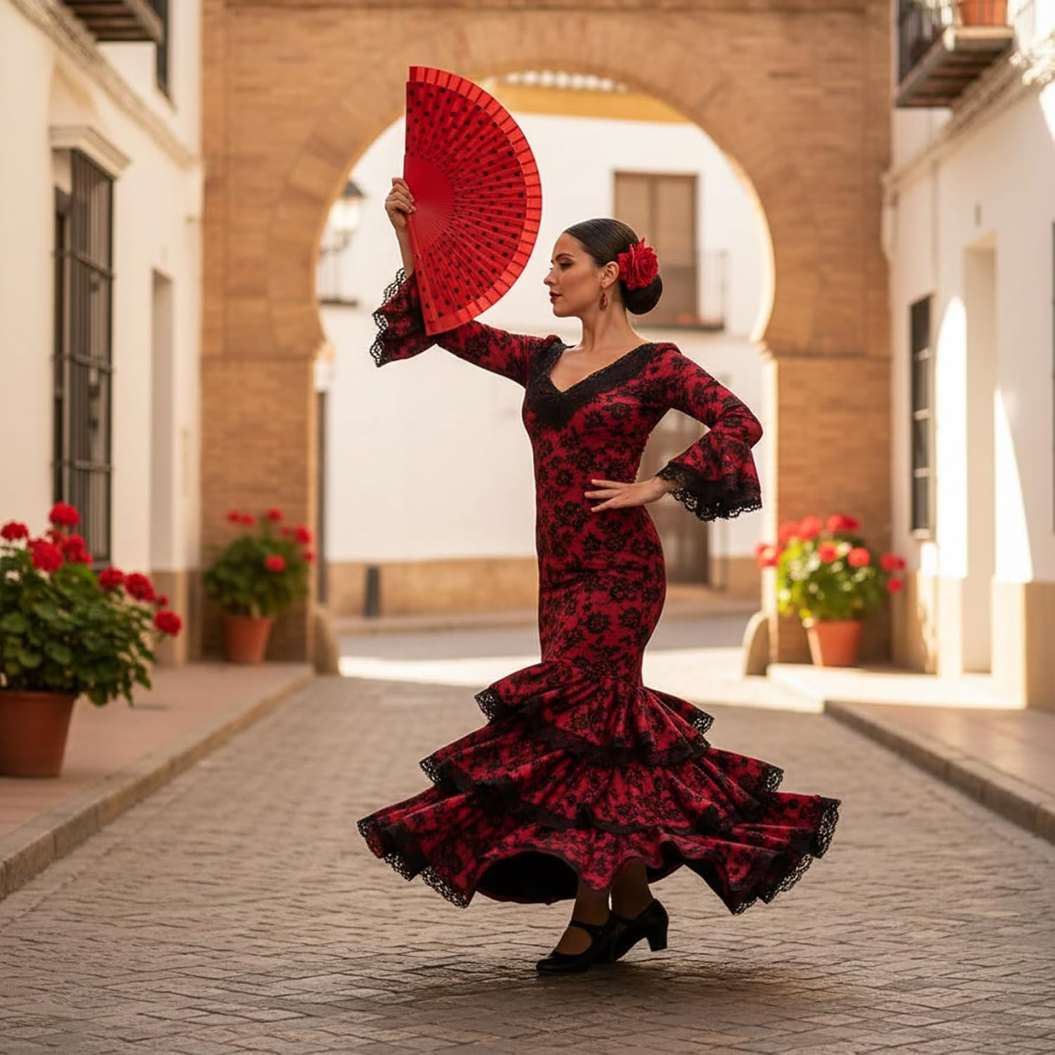 Hand Fans Foldable, Spanish Fan with Smooth Opening, Hand-Painted Dance Fans with Red Polka Dot Design on Cotton, Wooden Handle Foldable Fan for Flamenco Performances, Spanish