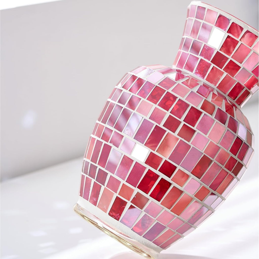 Pink Mosaic Glass Flower Vase, 8.7 Inch Handmade Home Decorative Vase for Living Room, Kitchen, Wedding, Pink Vase for Home Decor(Large)