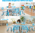 Arlopu Kids Table and 6 Chairs Set, Height Adjustable Graffiti Desk, Preschool Activity Art Craft Table, for Daycare Classroom Home Boys and Girls Age 3-12 (Blue)