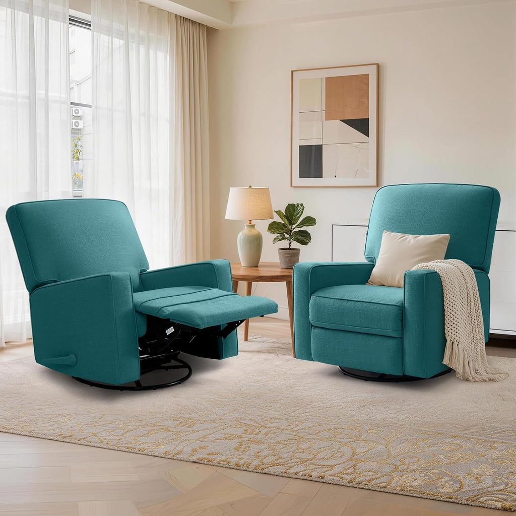 Swivel Rocker Recliner Chair, 360°Swivel Nursery Chair for Adults, Manual Reclining 30°Rocking Glider with Linen Fabric, Solid Wood & Metal Frame, Living Room, Bedroom