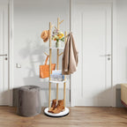 LIWSHWZ Rotary Coat Rack Freestanding,Solid Wood Coat Hanger Stand with 9 hooks & 3 Storage Shelves for Bedroom, Entryway, Livingroom