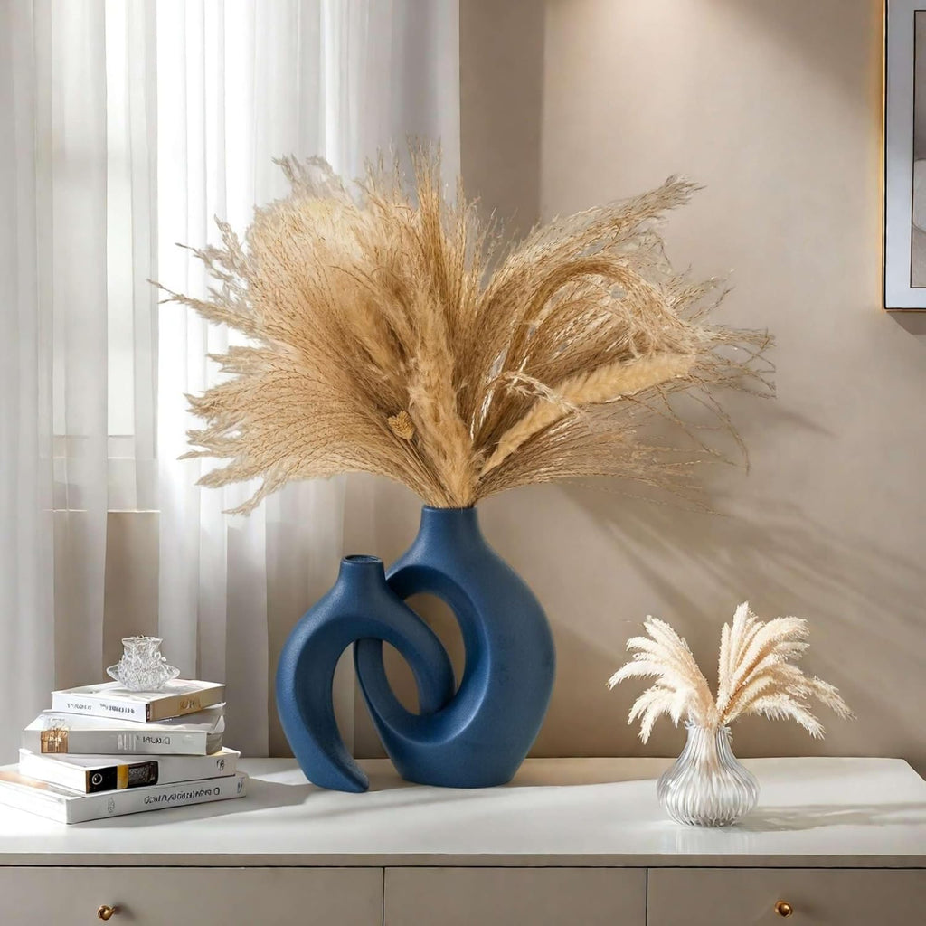 Lvases Snuggle Hollow Ceramic Flower Vase Set 2, Nordic Boho Home Decor | Modern Aesthetic Ins Style Living Room Coffee Table Centerpieces Pampas Grass Decorative Display Matte Navy Blue 6.3"W 8.4"H