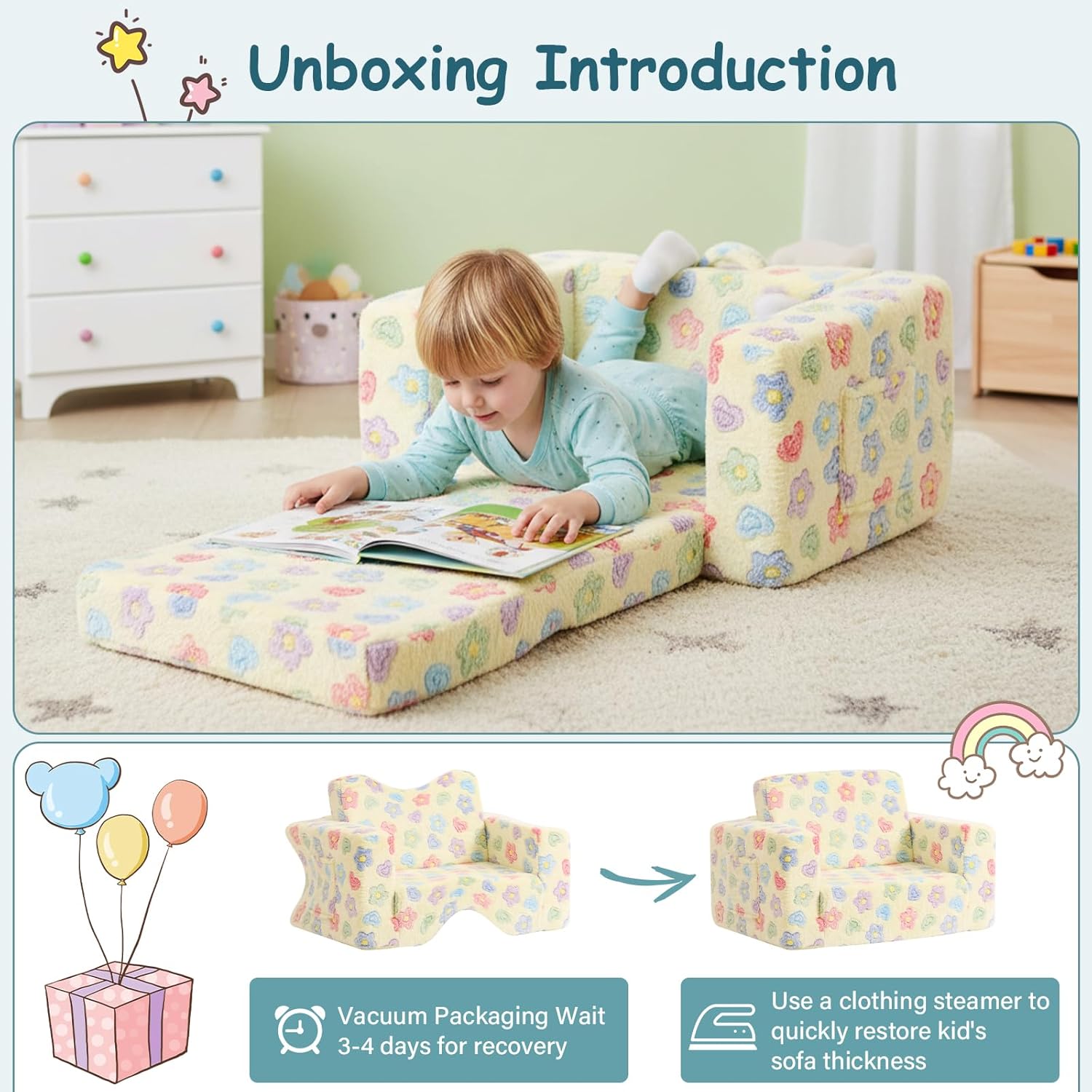 Tiita 2-in-1 Kids Sofa, Convertible Children Couch to Lounger, Flip Out Kids Chair, Toddler Armrest Chair Bed, Folding Kid Play Sofa for Girl or Boy, Flower