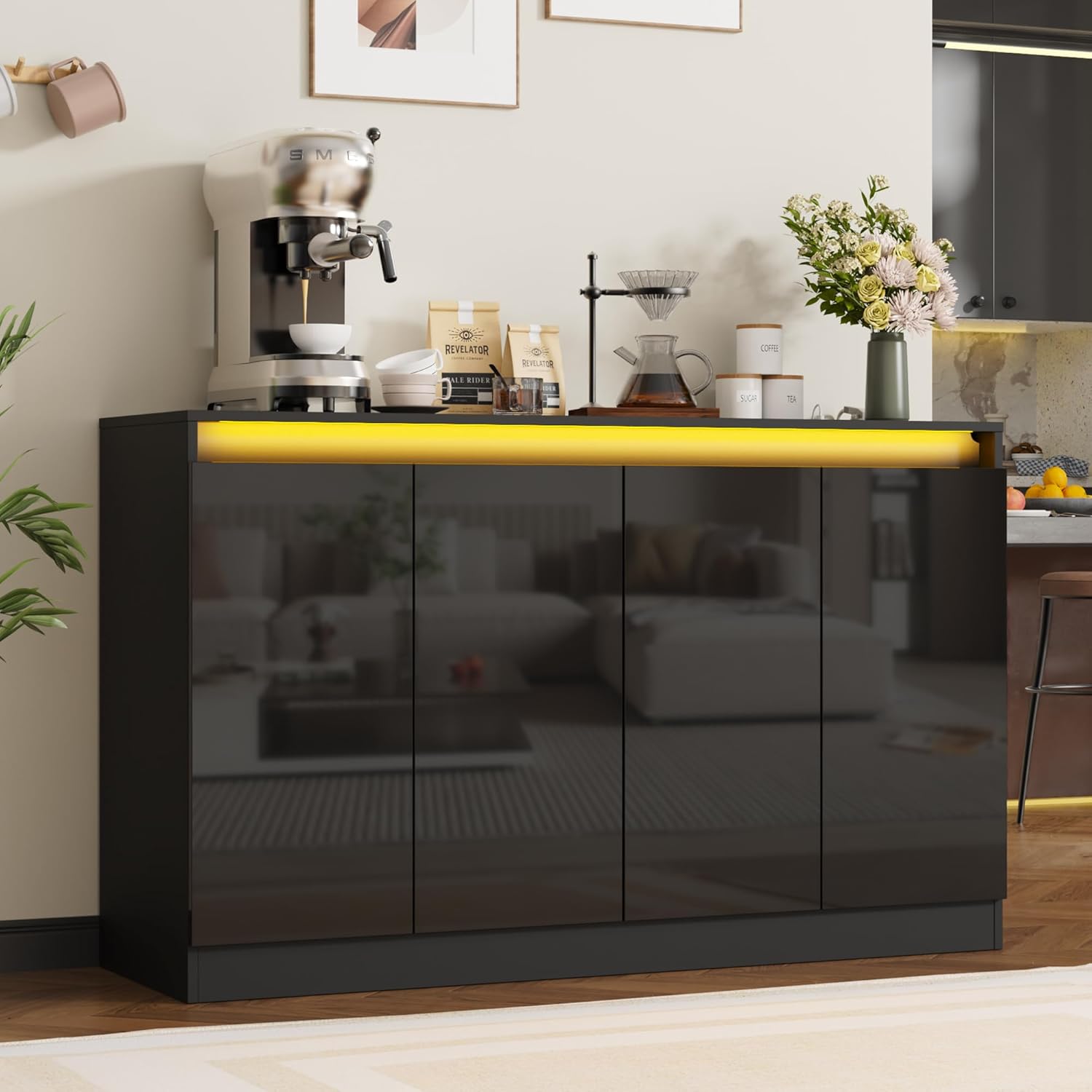 Furnify 51" W Buffet Cabinet with 4 Doors, High Gloss Sideboard Coffee Bar with LED Lights & Charging Station, Handless Modern Sideboard Storage Cabinet for Living Room, Entryway, Black