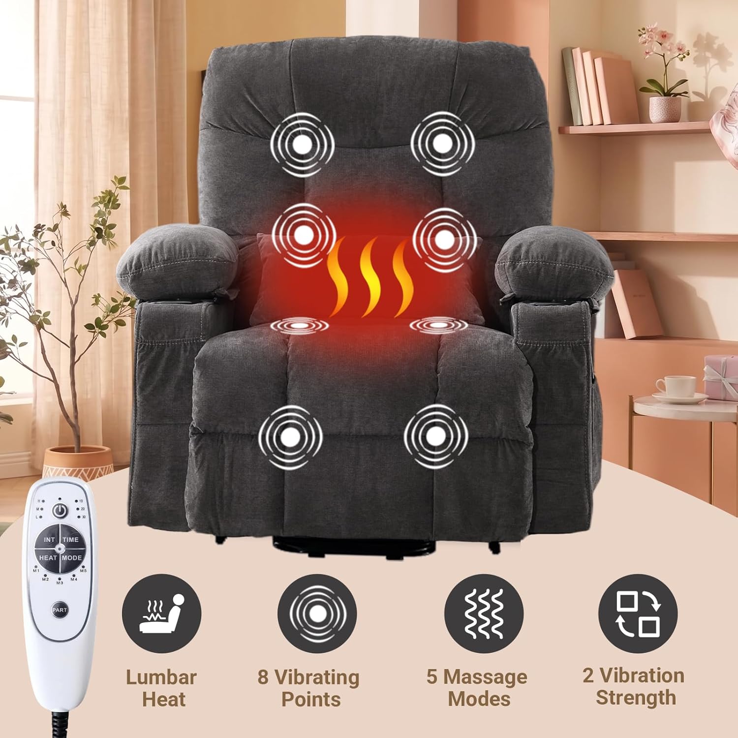 Power Lift Recliner Chair for Elderly with Lumbar Heat and Vibration Massage, Electric Lift Recliner Chair with Remote Control and USB Port,4 Storage Pockets & 2 Cup Holders for Living Room - Grey