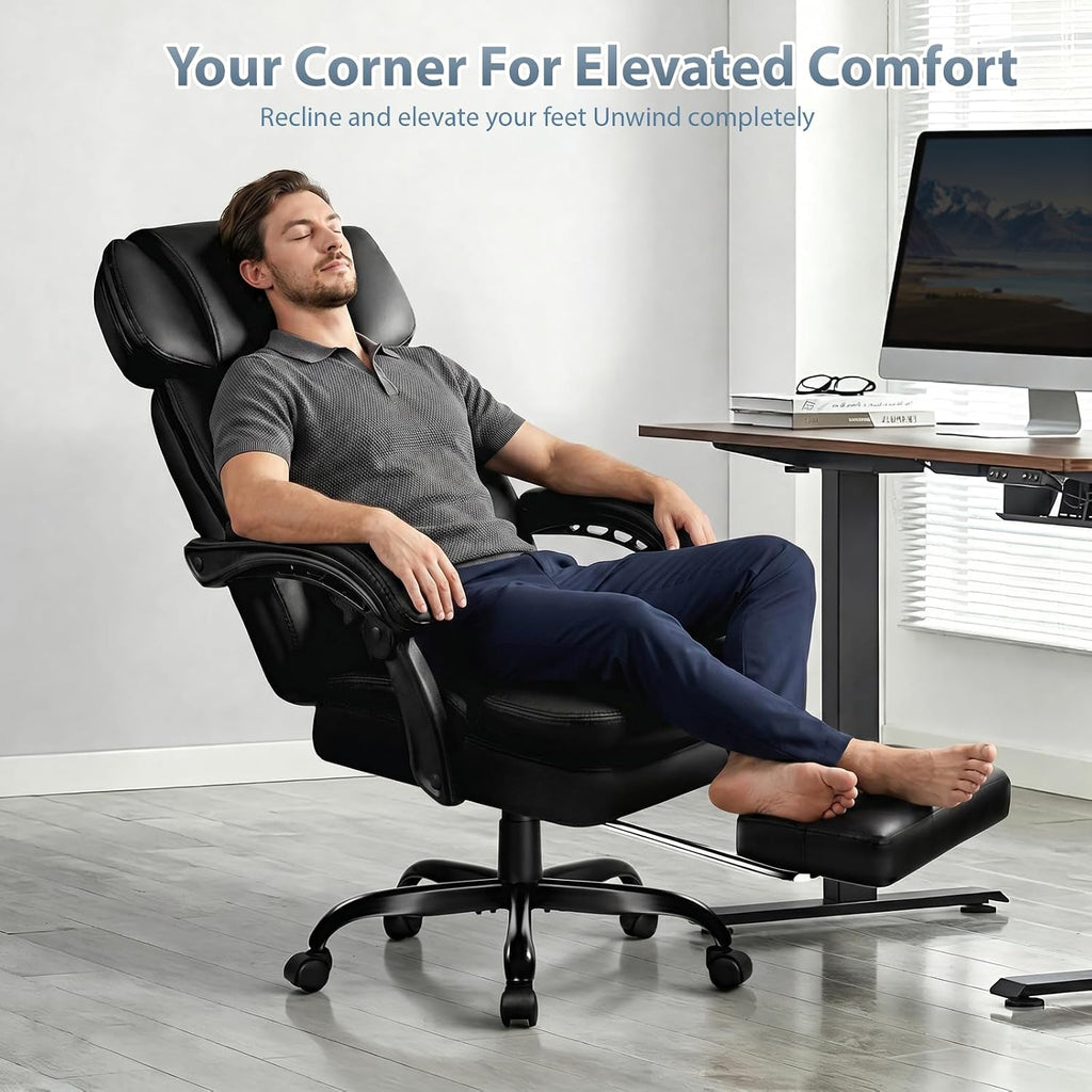 PRETZI Executive Office Chair 400LBS, Ergonomic Office Chair with Foot Rest, Heavy Duty Desk Chair for Home Office, Reclining High Back PU Leather Computer Chair Comfy, Black