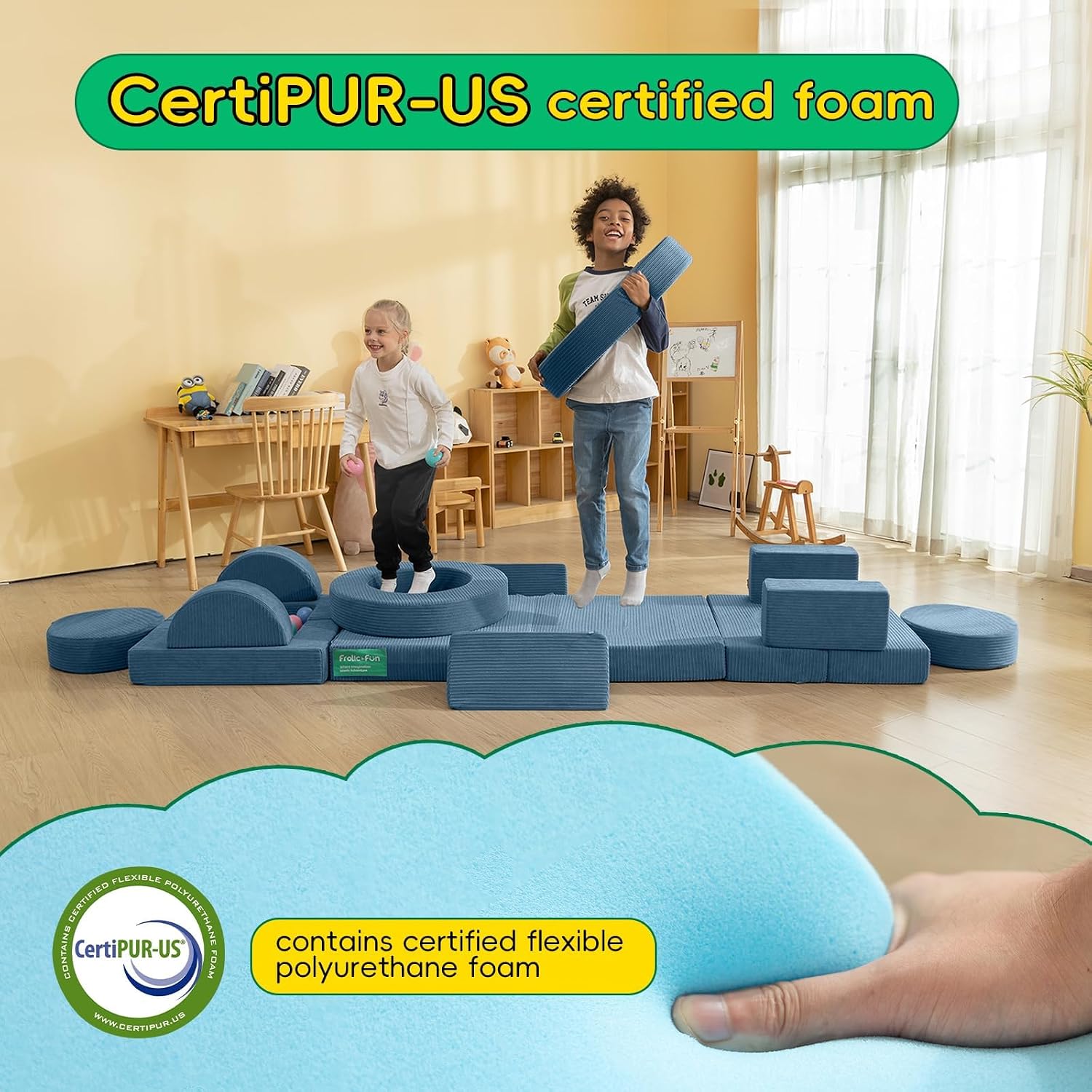 Frolic & Fun 16Pcs Modular Kids Play Couch for Toddlers, Fold Out Kids Couch Building Fort for Playroom Bedroom, Kid Convertible Explorer Sofa Cushions for Boys & Girls Navy Blue