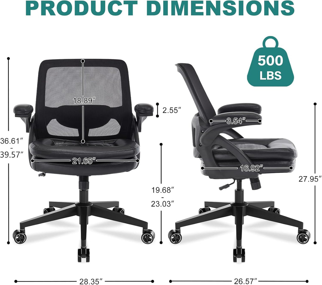 Big and Tall Office Chair, 500lbs Mesh Heavy Duty Ergonomic Desk Chair with Flip-up Armrests, Plus Size Wide Seat in PU Leather, 360 Swivel Computer Executive Task Chair for Home Office (Black)