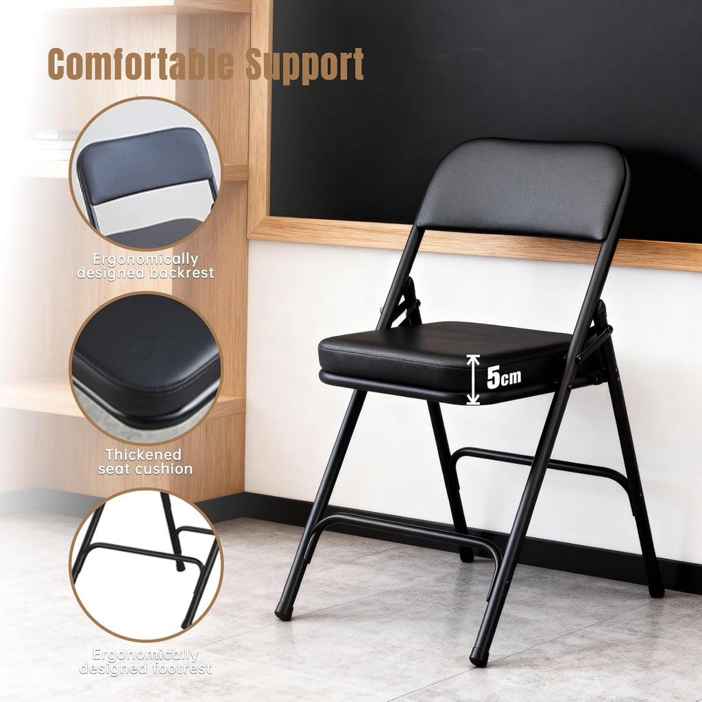 Folding Chair with Thick Cushioned Seat,1 Pack, Black, Portable Metal Frame Foldable Chair for Indoor & Outdoor Use, Durable and Comfortable Upholstered Chair for Home, Office, and Events