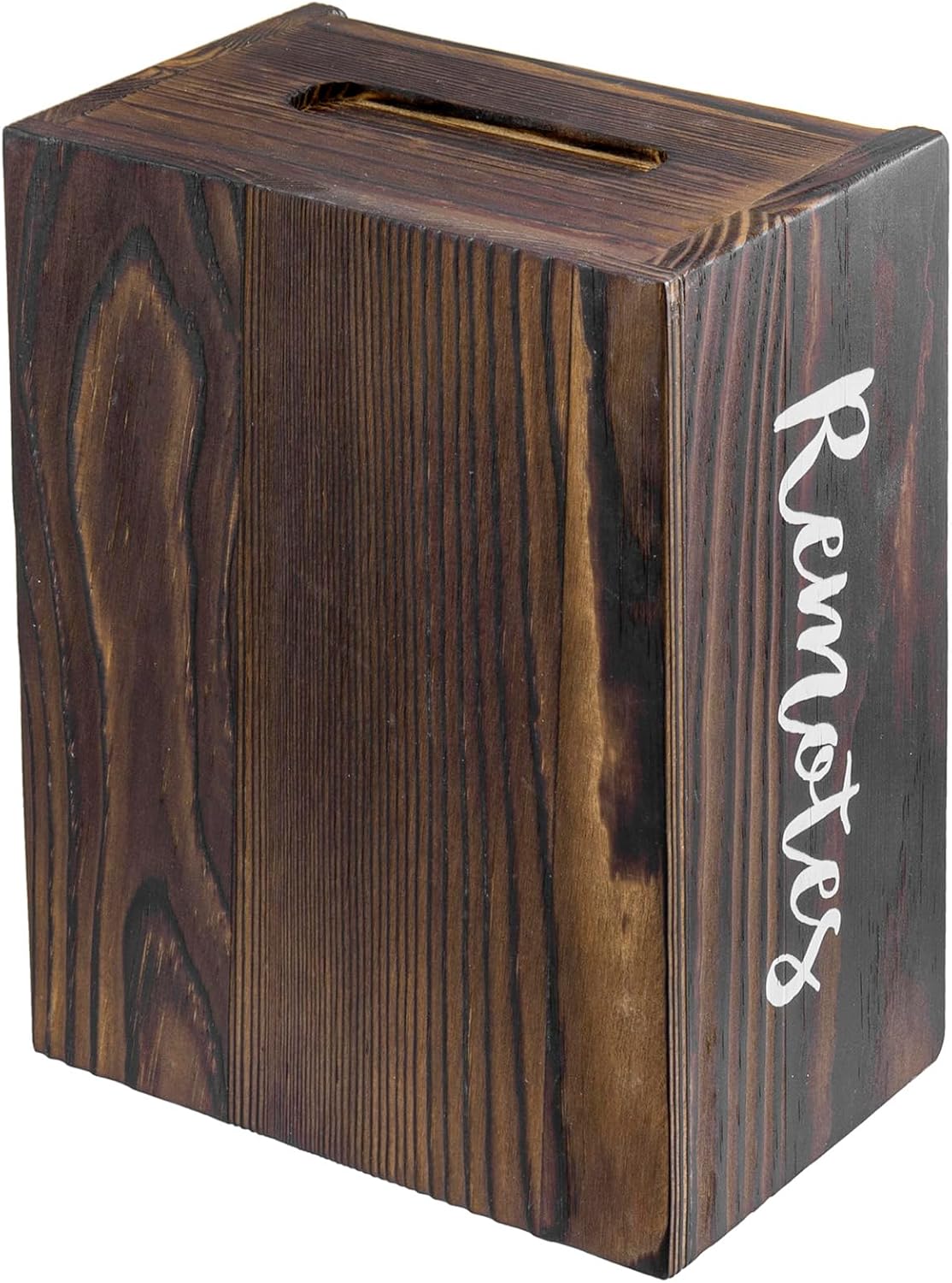 MyGift Wood Remote Control Holder Organizer with 4 Compartments, Tabletop Media TV Remote Caddy Storage with Cursive REMOTES Design (Rustic Burnt)