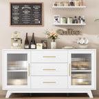 GarveeHome 56 Inch Buffet Cabinet Sideboard with Fluted Glass Doors and Gold Handles, Modern Sideboard Storage Cabinet with Adjustable Shelves, Coffee Bar Table for Kitchen Dining Room Living Room