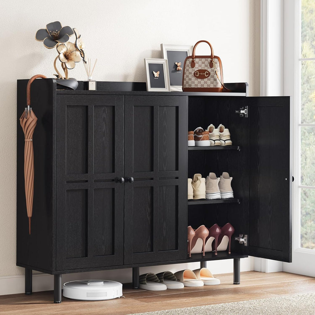 5+2 Tier Shoe Storage Cabinet with 3 Doors, 40" Tall Entryway Cabinet for 30 Pairs Shoe, Shoe Rack Organizer with 5 Adjustable Shelves & Metal Legs, Shoe Storage for Front Door Entrance, Black