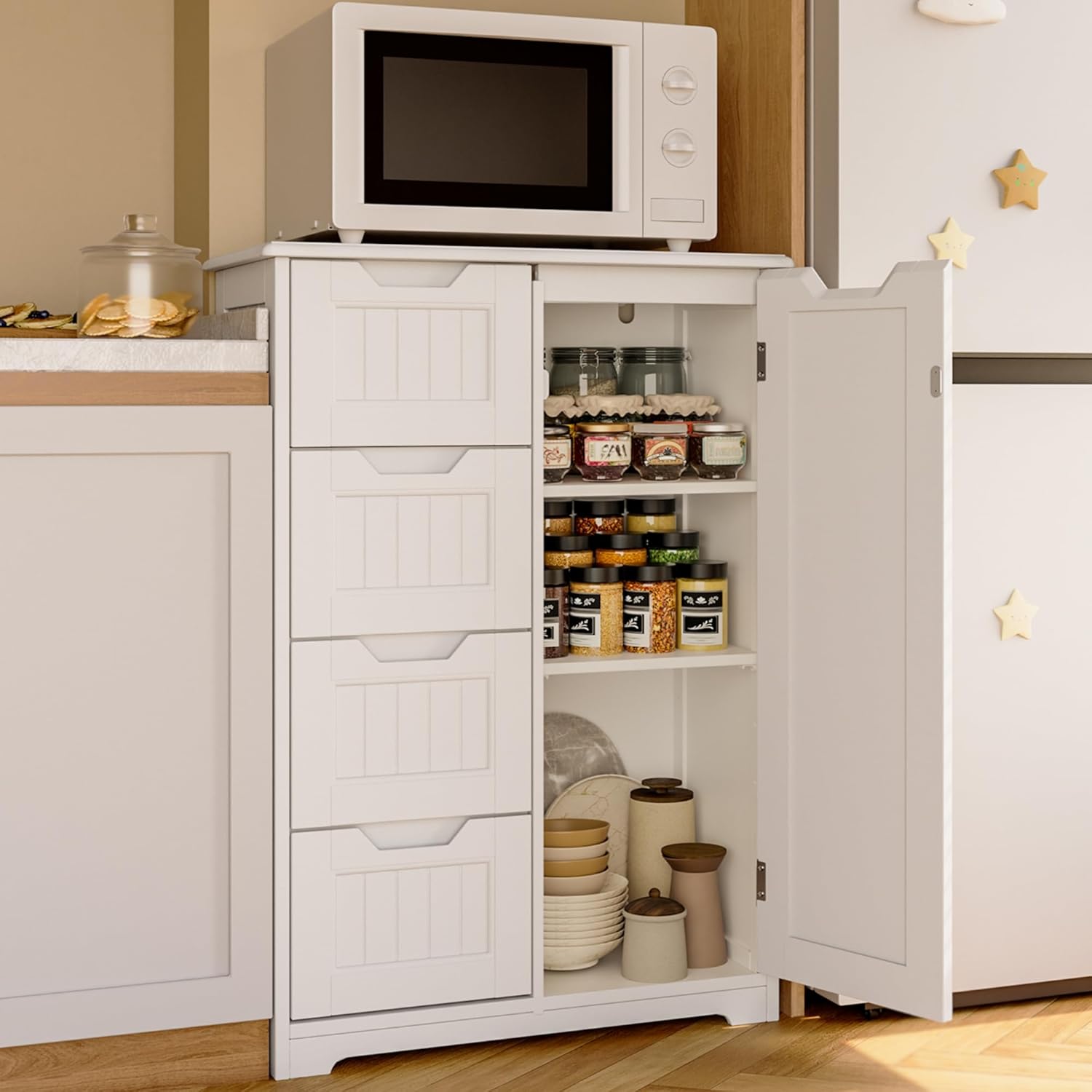 Gizoon Small Pantry Storage Cabinet with Door and Shelves, 33'' Kitchen Pantry Freestanding Wooden Bathroom Storage Cabinet with 4 Drawers for Kitchen and Dining Room, White, Painted