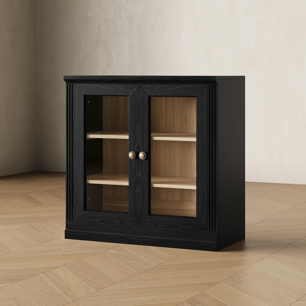 CHIC HOUSE Monos Storage Cabinet with Acrylic Doors & Shelves, 32" Modular Fluted Sideboard Buffet Cabinets, Small Coffee Bar Kitchen Pantry, Modern Media Console Cabinet for Living Room, Black