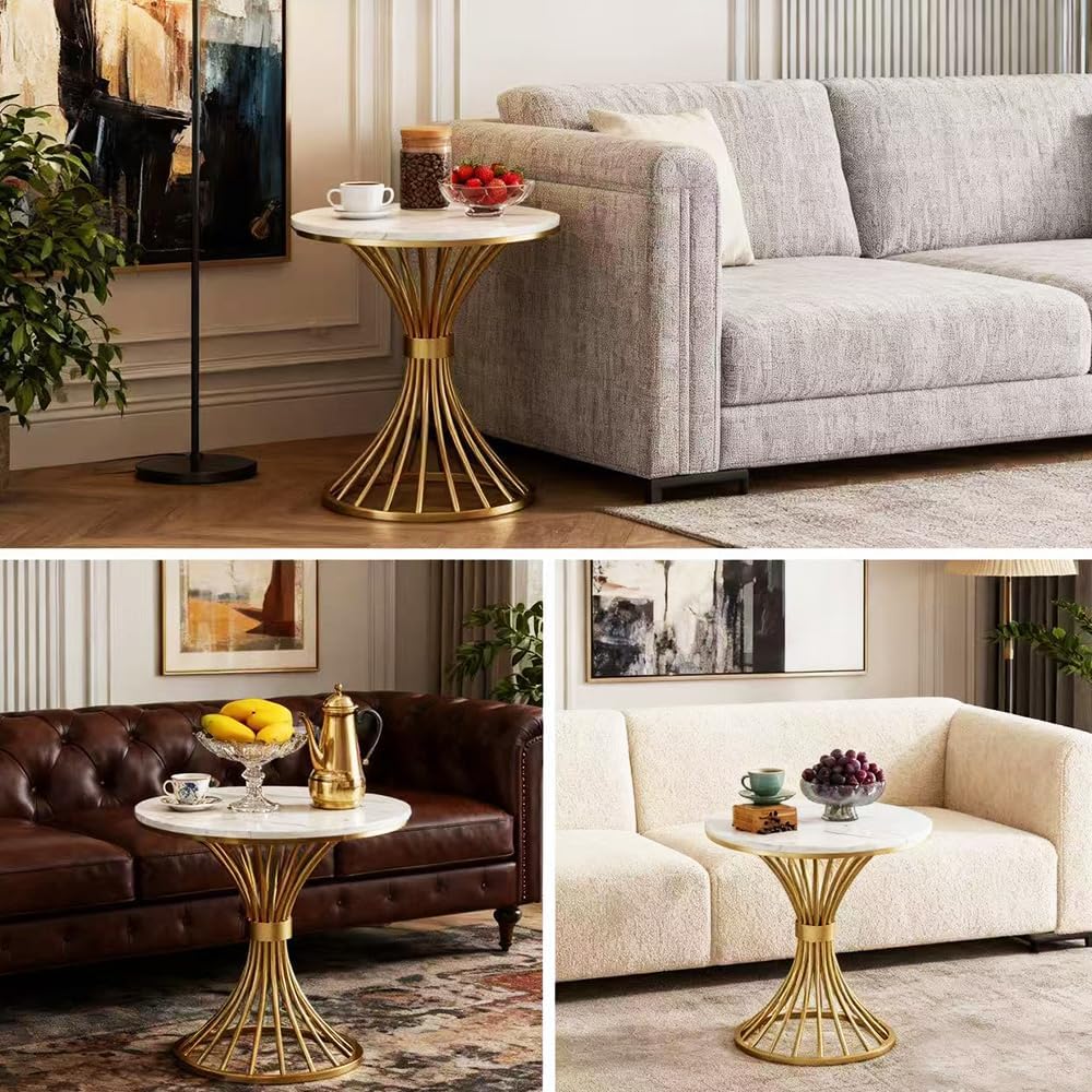 BeautyVerve Rock Plate Small End Tables for Living Room Coffee Tables, Modern Round Side Table with Like-Marble Hard Top, Metal Base, for Patio Bedroom, Corner Desk (Snow Mountain White)