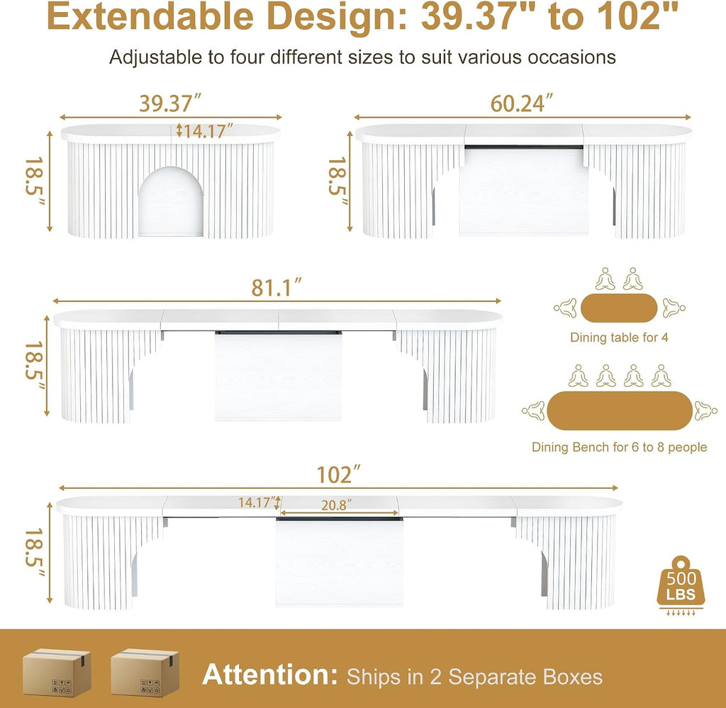 AF ARTISAN FURNITURE Oval Extendable Dining Bench, Extendable MDF (39"-102"), Seats 1-4, Space-Saving Design for Kitchen & Dining, Simple Installation(White)